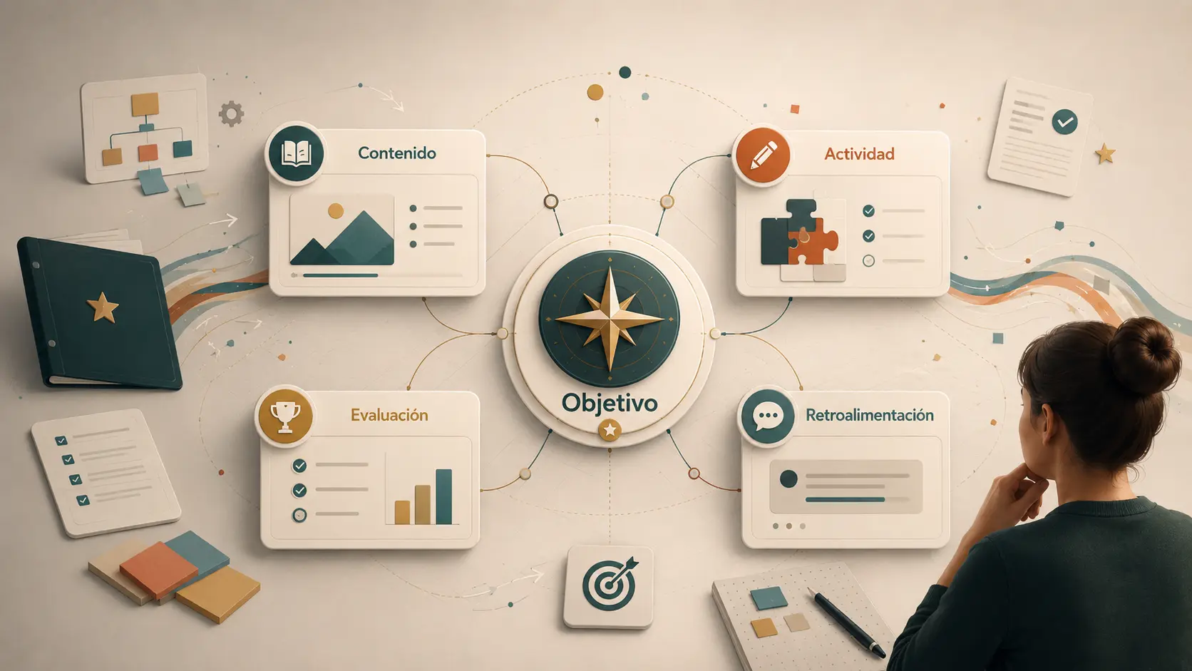 Brújula de diseño con contenido, actividad, evaluación y retroalimentación organizados alrededor de un objetivo de aprendizaje.